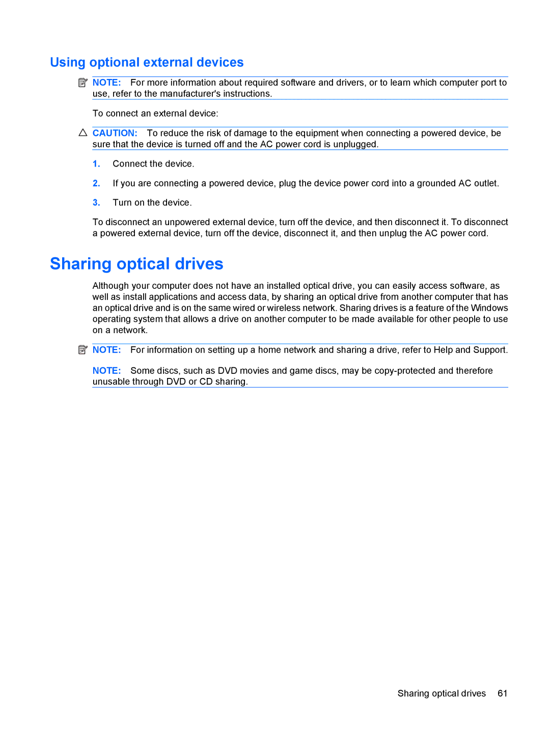 HP CQ10-100, CQ10-112NR, CQ10-130EF, CQ10-120CA, CQ10-110SB manual Sharing optical drives, Using optional external devices 