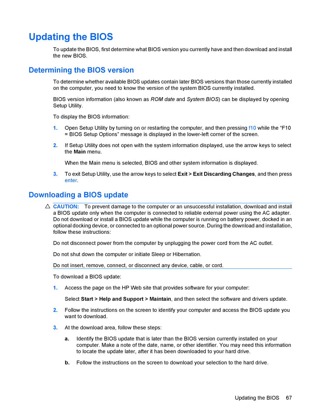 HP CQ10-100, CQ10-112NR, CQ10-130EF, CQ10-120CA Updating the Bios, Determining the Bios version, Downloading a Bios update 