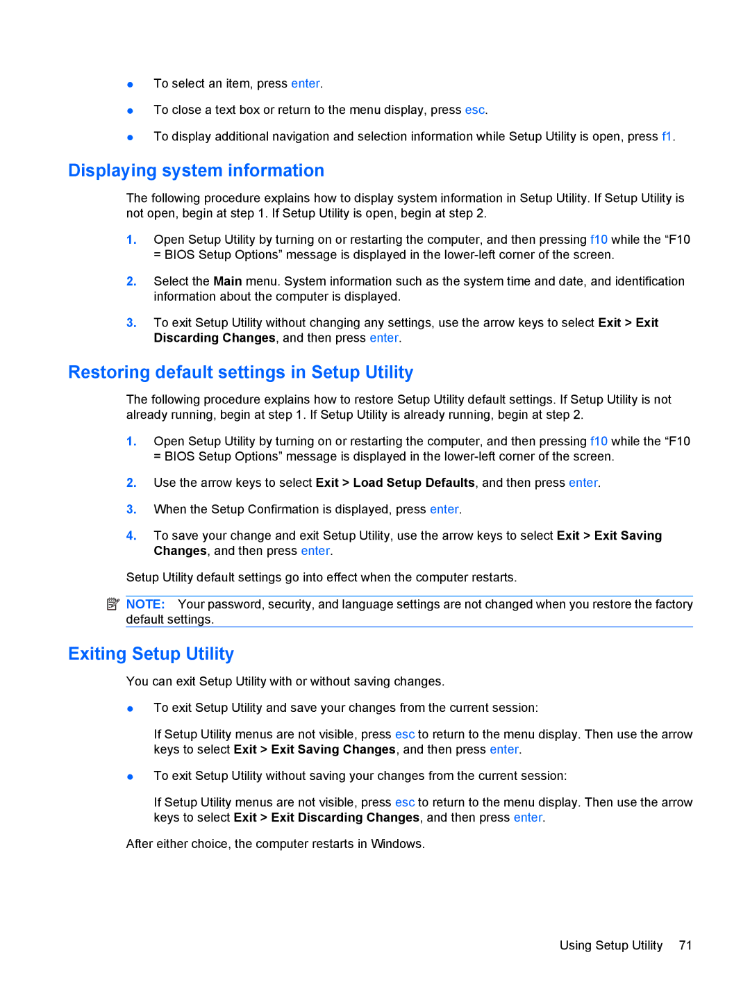 HP CQ10-130EF, CQ10-100 Displaying system information, Restoring default settings in Setup Utility, Exiting Setup Utility 