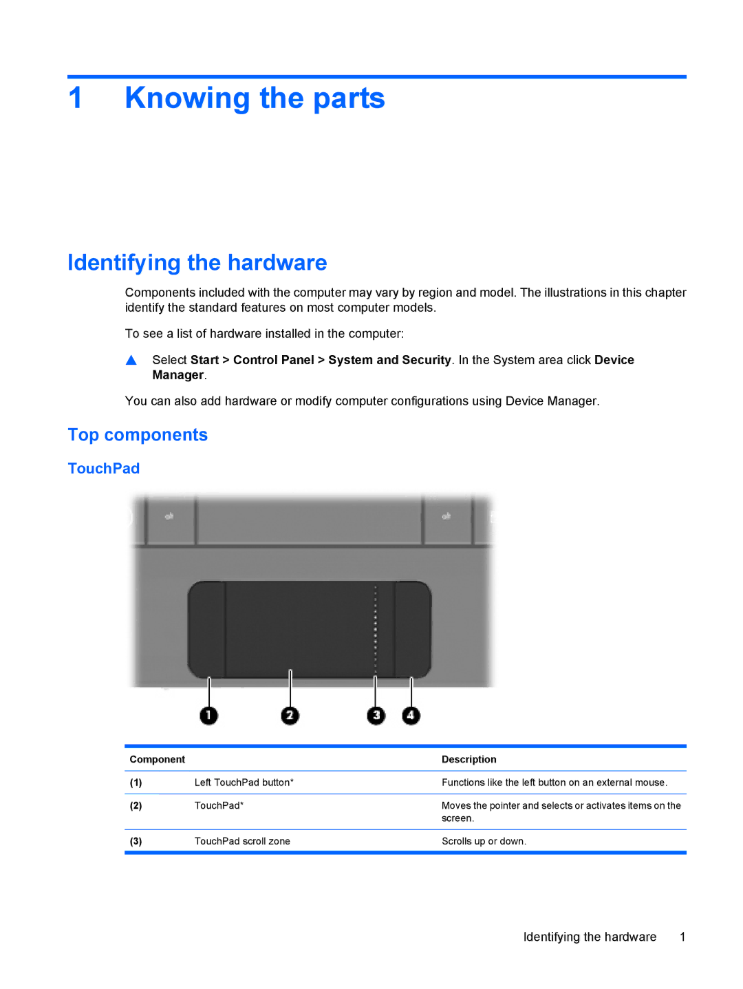 HP CQ10-100, CQ10-112NR, CQ10-130EF, CQ10-120CA manual Knowing the parts, Identifying the hardware, Top components, TouchPad 