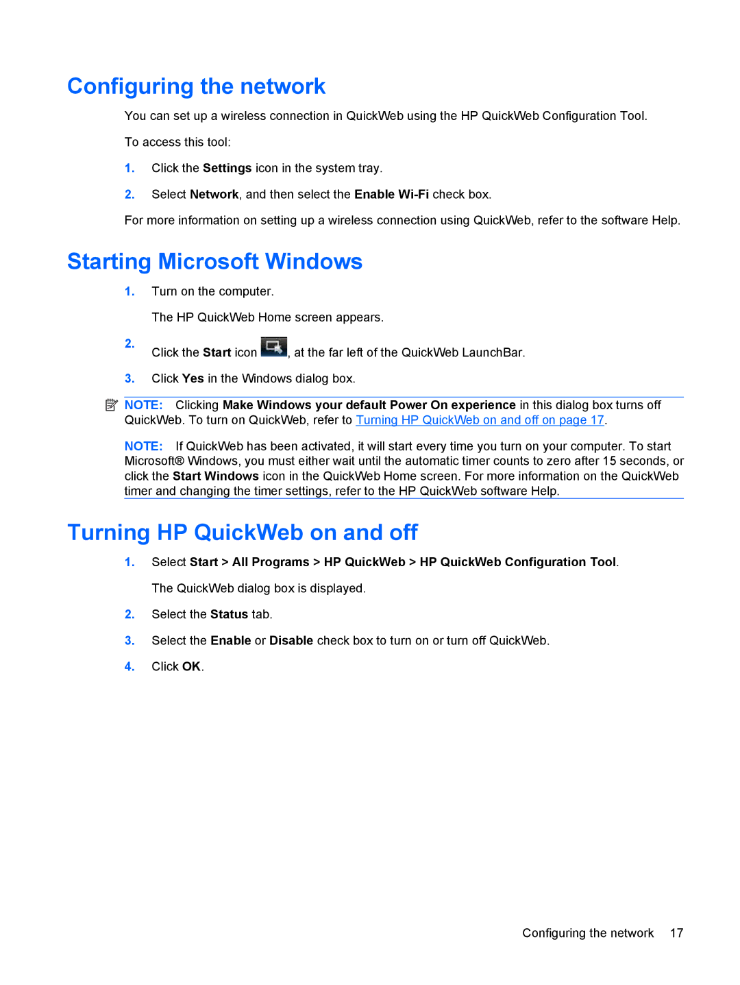 HP CQ10-510CA, CQ10-525DX, CQ10-514CA Configuring the network, Starting Microsoft Windows, Turning HP QuickWeb on and off 