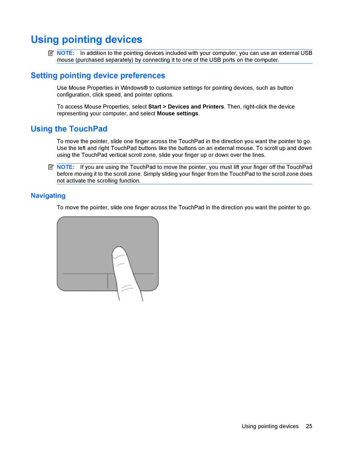 HP CQ10-514CA, CQ10-525DX, CQ10-550CA manual Using pointing devices, Setting pointing device preferences, Using the TouchPad 