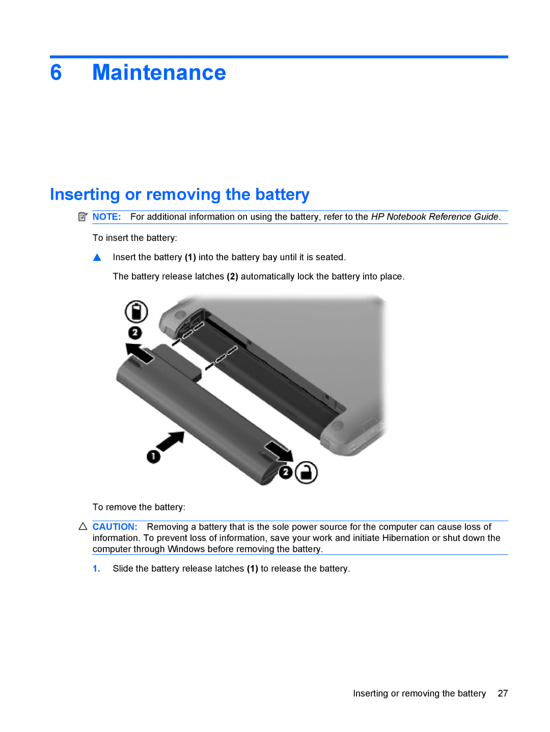 HP CQ10-510CA, CQ10-525DX, CQ10-514CA, CQ10-550CA, CQ10-405DX manual Maintenance, Inserting or removing the battery 