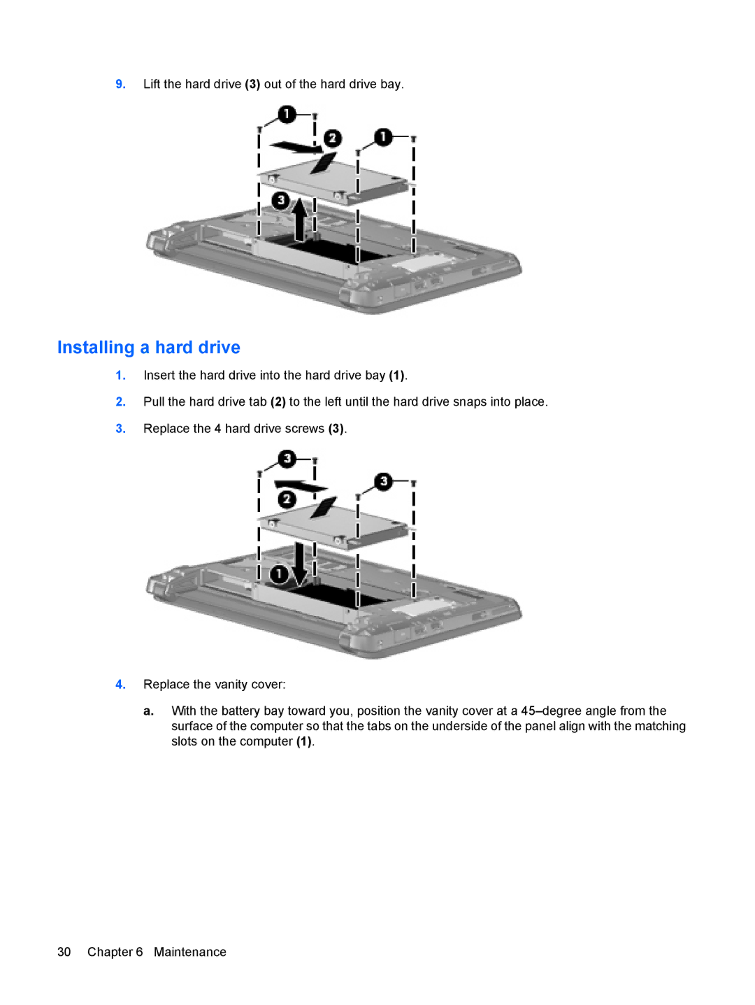 HP CQ10-514CA, CQ10-525DX, CQ10-550CA, CQ10-510CA, CQ10-405DX manual Installing a hard drive 