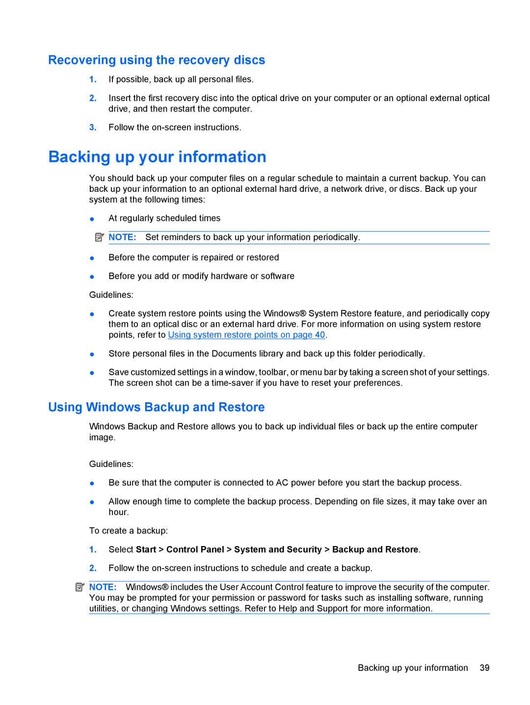 HP CQ10-525DX manual Backing up your information, Recovering using the recovery discs, Using Windows Backup and Restore 