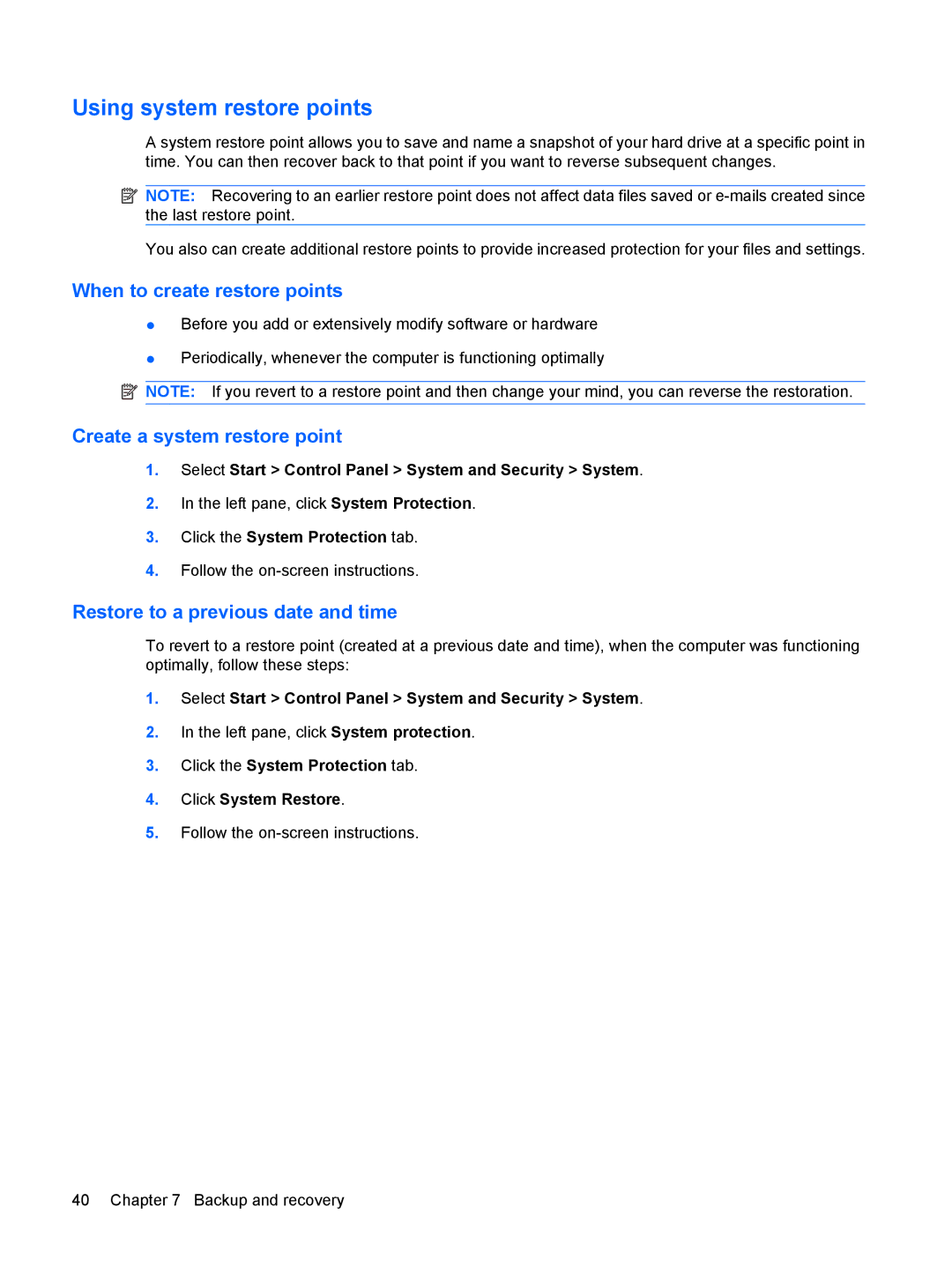 HP CQ10-514CA, CQ10-525DX, CQ10-550CA, CQ10-510CA, CQ10-405DX manual Using system restore points, When to create restore points 