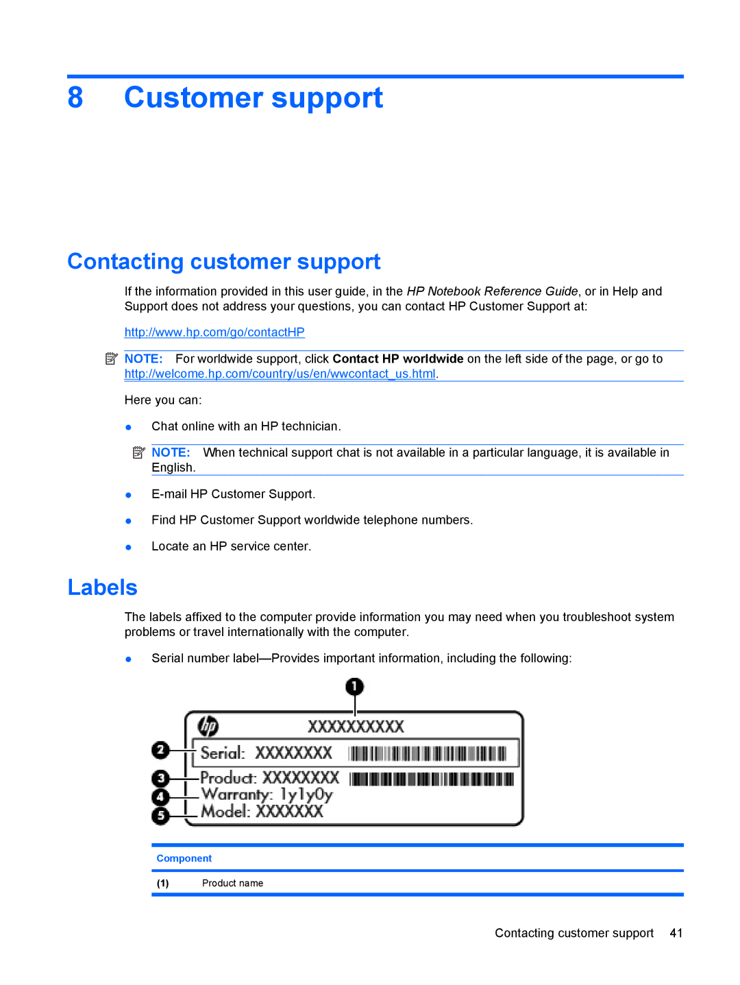 HP CQ10-550CA, CQ10-525DX, CQ10-514CA, CQ10-510CA, CQ10-405DX manual Customer support, Contacting customer support, Labels 