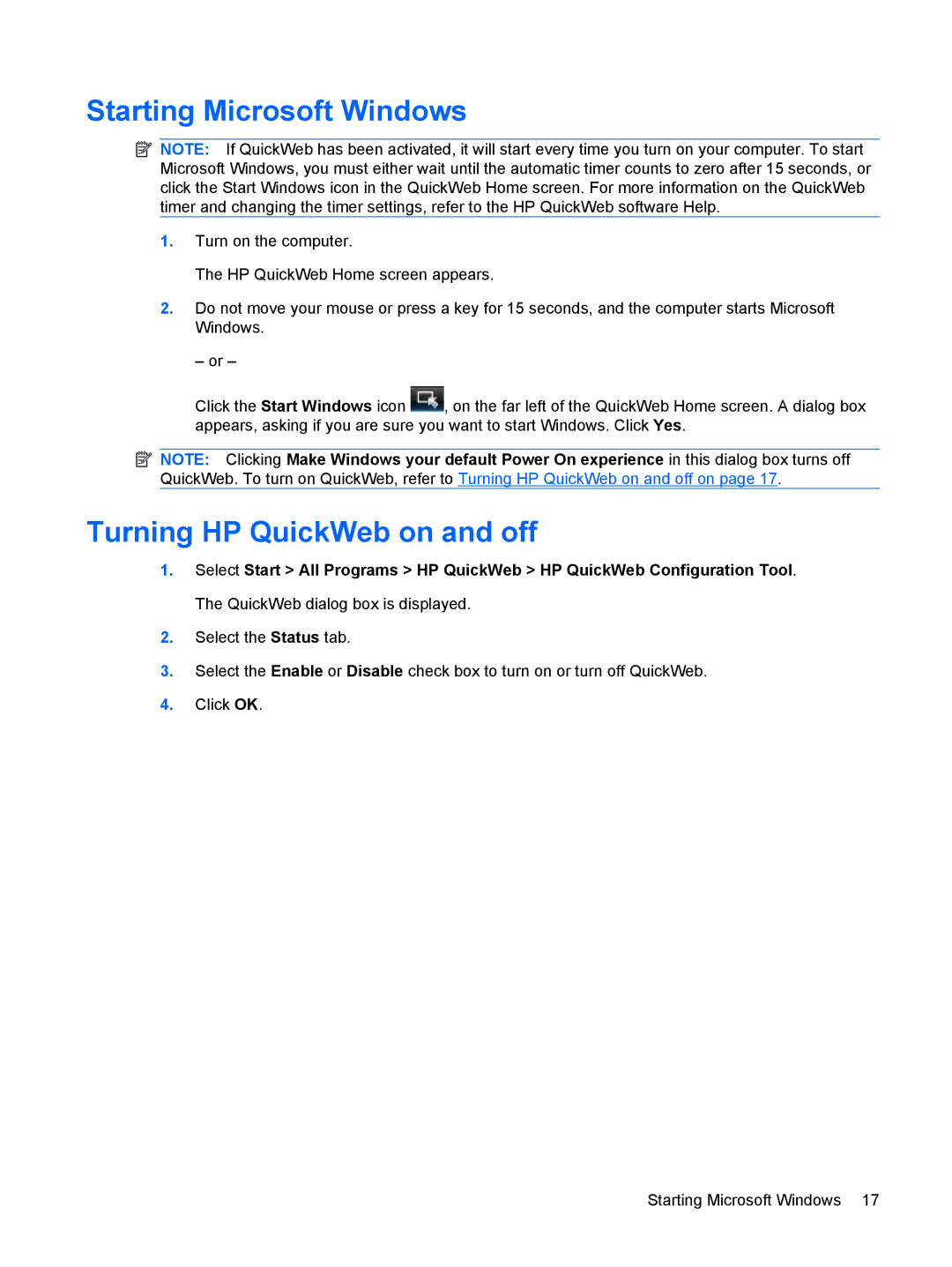 HP CQ10-688NR, CQ10-689NR, CQ10-610CA manual Starting Microsoft Windows, Turning HP QuickWeb on and off 