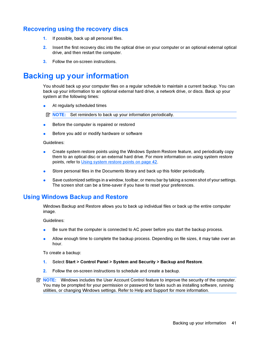 HP CQ10-688NR manual Backing up your information, Recovering using the recovery discs, Using Windows Backup and Restore 