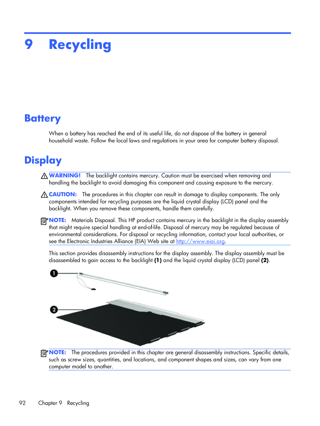 HP CQ10-688NR, CQ10-689NR, CQ10-610CA manual Recycling, Battery, Display 