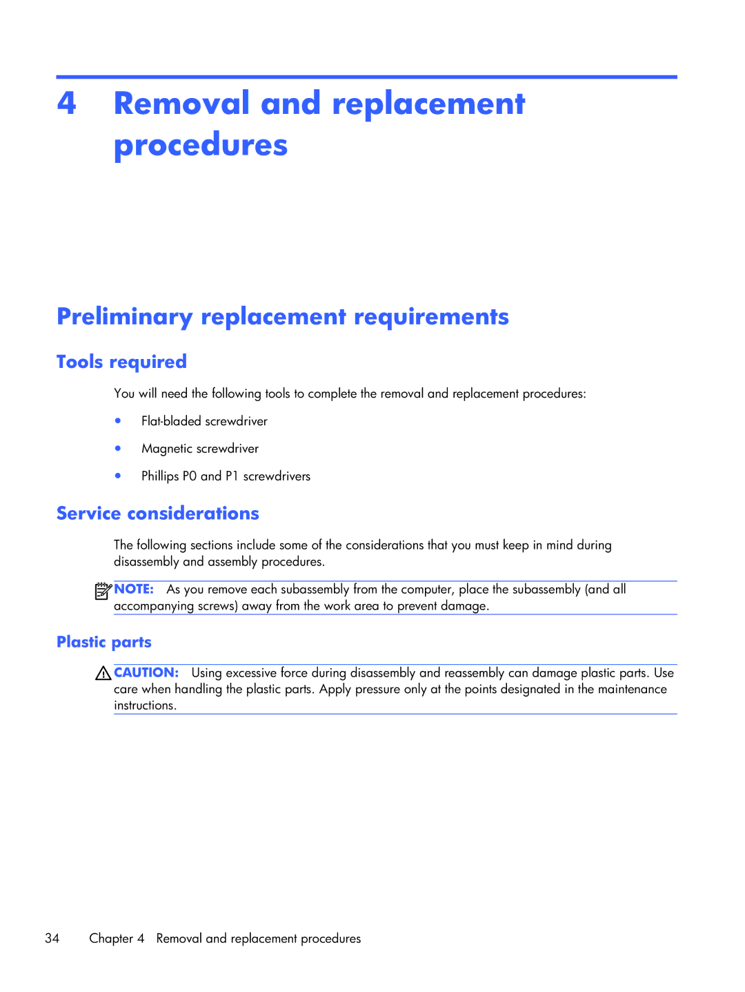 HP CQ10-689NR, CQ10-688NR manual Removal and replacement procedures, Preliminary replacement requirements, Tools required 