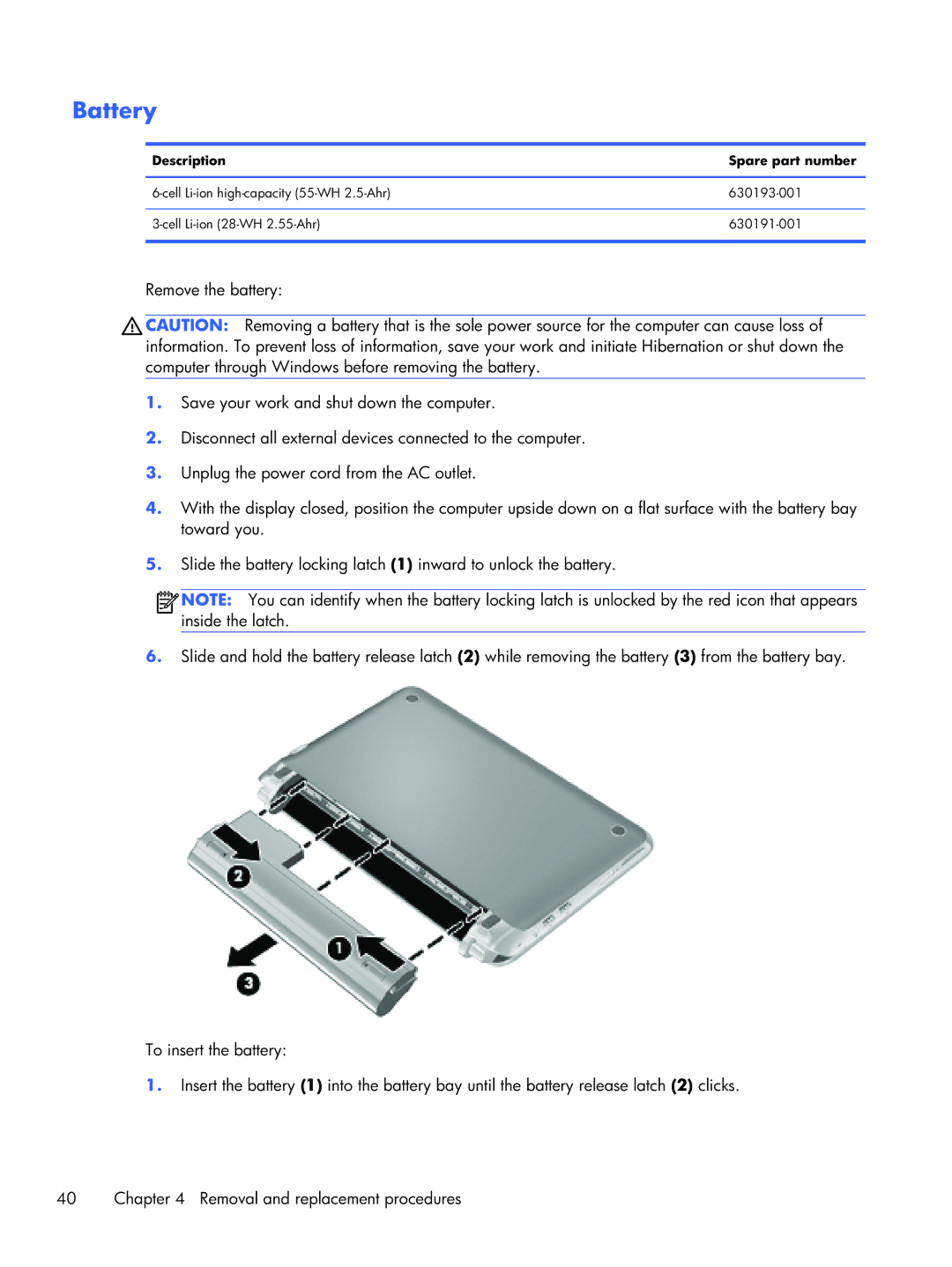 HP CQ10-689NR, CQ10-688NR, CQ10-610CA manual Battery, Description Spare part number 