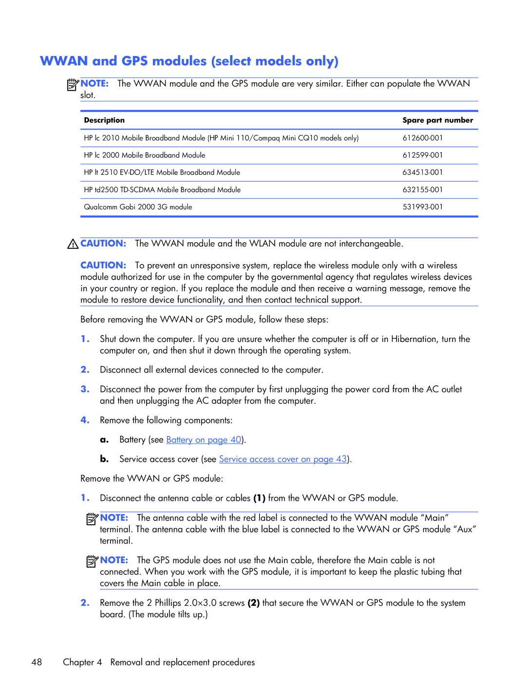 HP CQ10-610CA, CQ10-689NR, CQ10-688NR manual Wwan and GPS modules select models only, Description Spare part number 