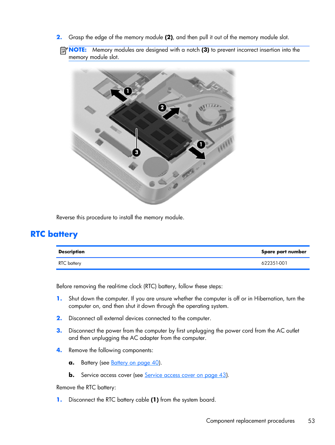 HP CQ10-688NR, CQ10-689NR, CQ10-610CA manual Description Spare part number RTC battery 622351-001 