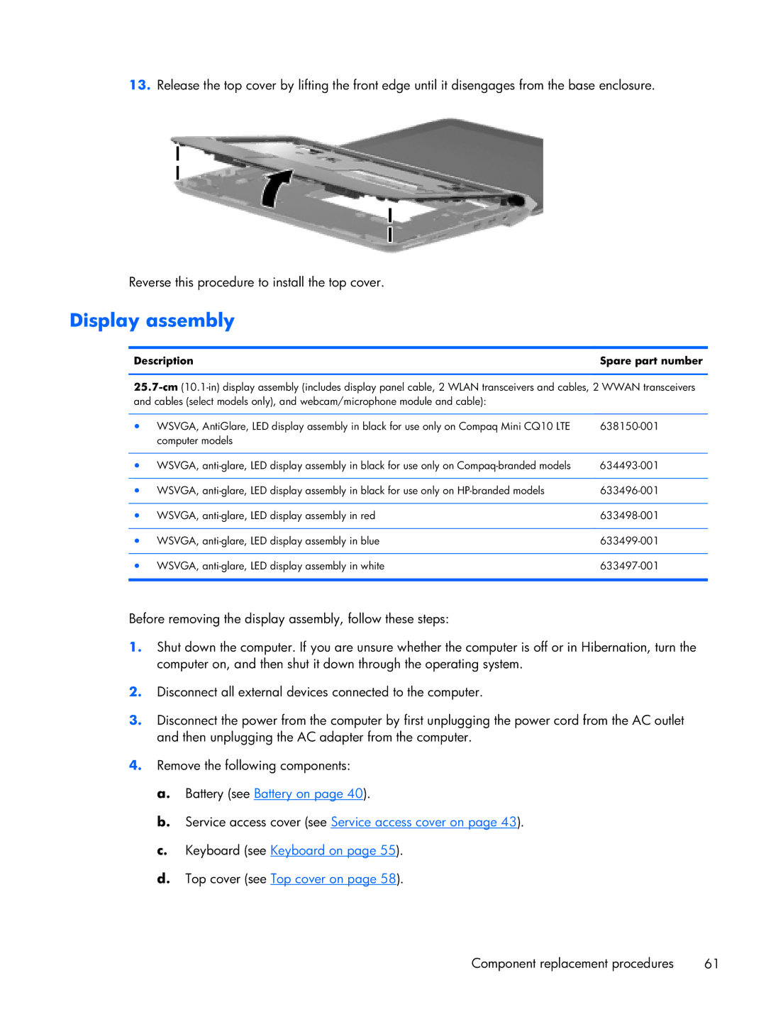 HP CQ10-689NR, CQ10-688NR, CQ10-610CA manual Display assembly, Description Spare part number 