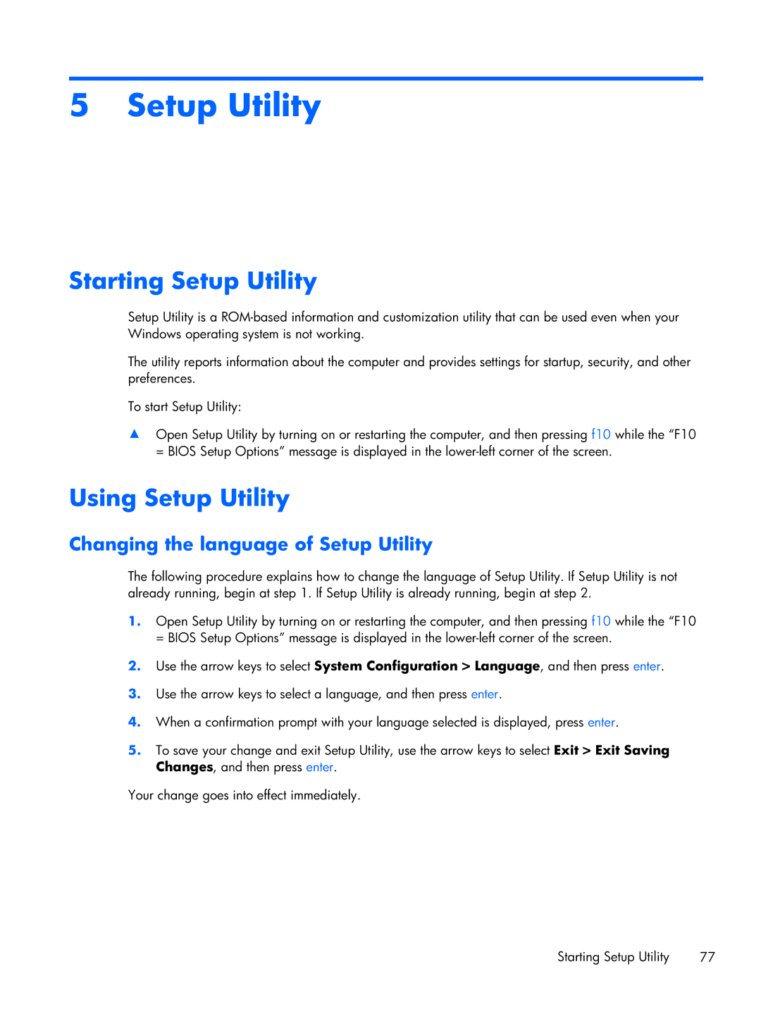 HP CQ10-688NR, CQ10-689NR manual Starting Setup Utility, Using Setup Utility, Changing the language of Setup Utility 