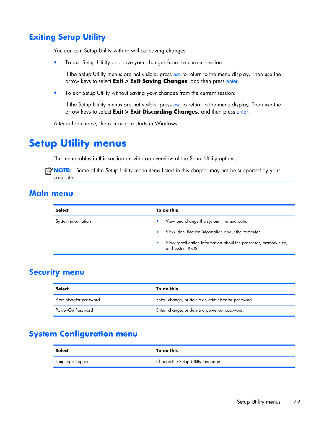 HP CQ10-689NR, CQ10-688NR Setup Utility menus, Exiting Setup Utility, Main menu, Security menu, System Configuration menu 