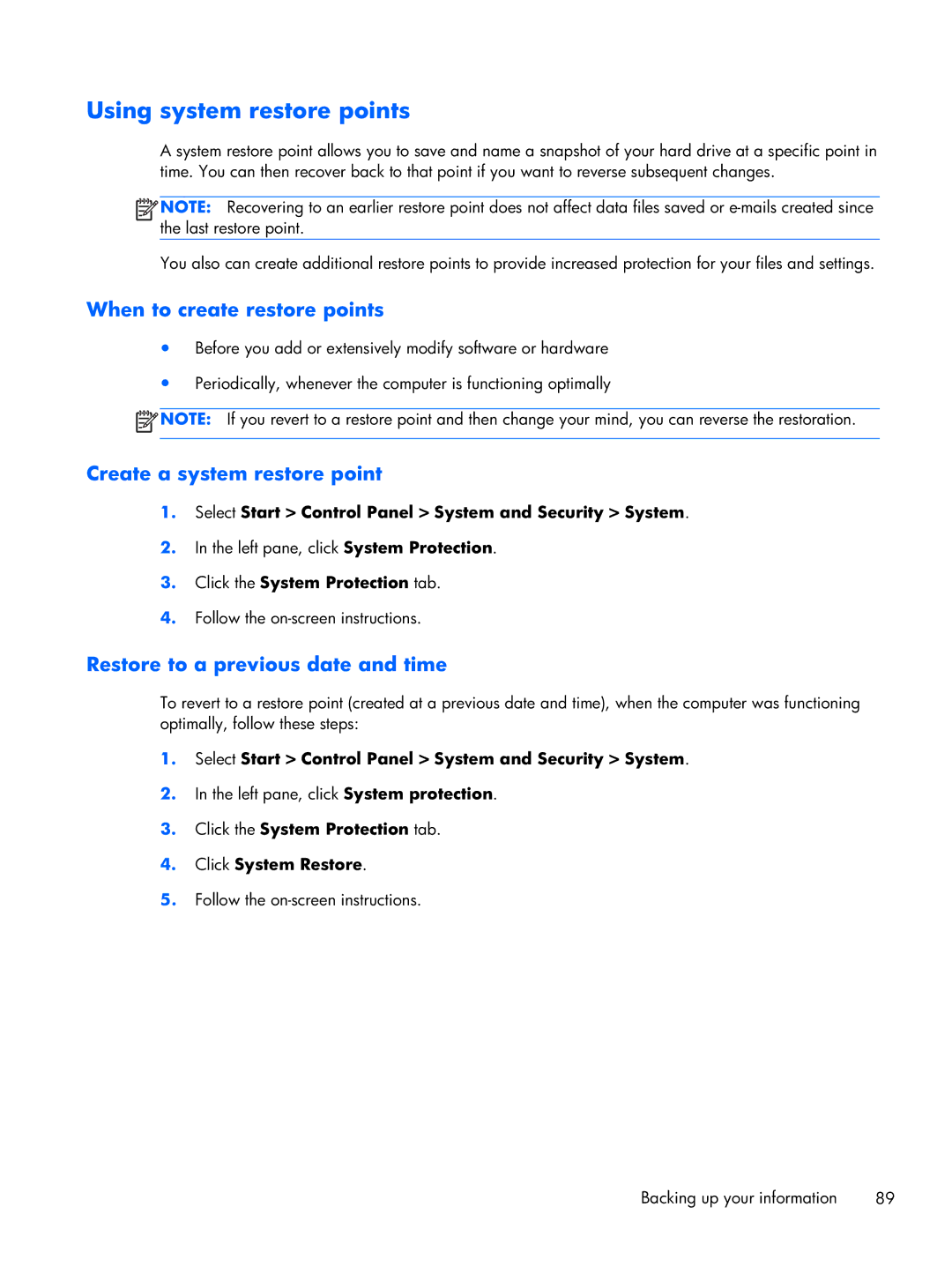 HP CQ10-688NR, CQ10-689NR, CQ10-610CA manual Using system restore points, When to create restore points 