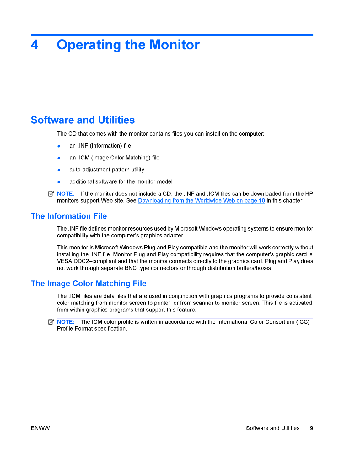 HP CQ1859E manual Operating the Monitor, Software and Utilities, Information File, Image Color Matching File 