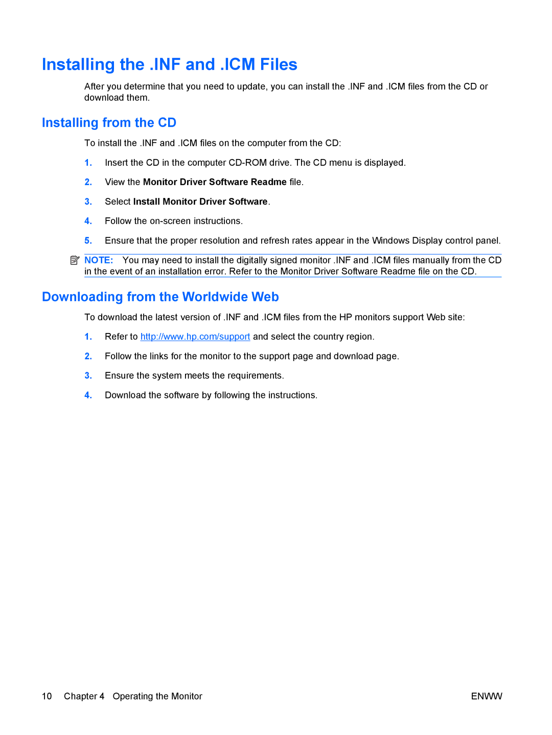 HP CQ1859E manual Installing the .INF and .ICM Files, Installing from the CD, Downloading from the Worldwide Web 