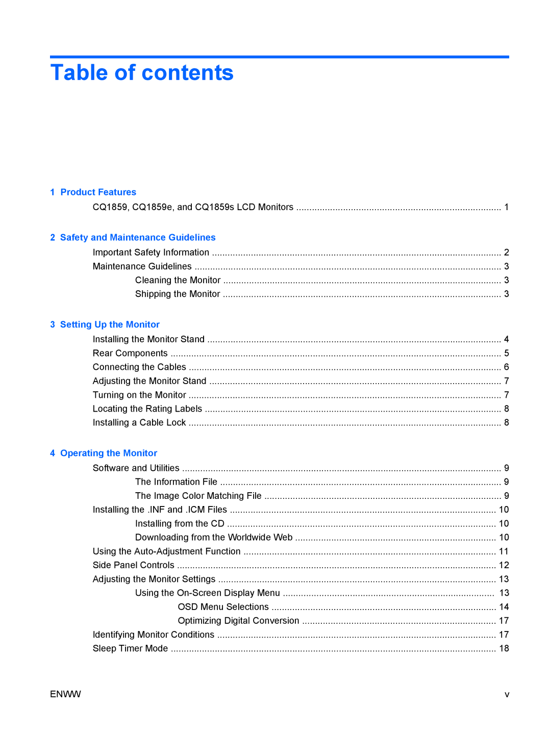 HP CQ1859E manual Table of contents 