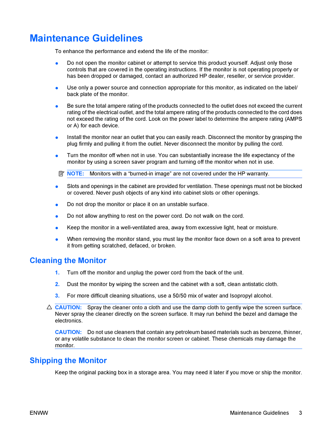 HP CQ1859E manual Maintenance Guidelines, Cleaning the Monitor, Shipping the Monitor 