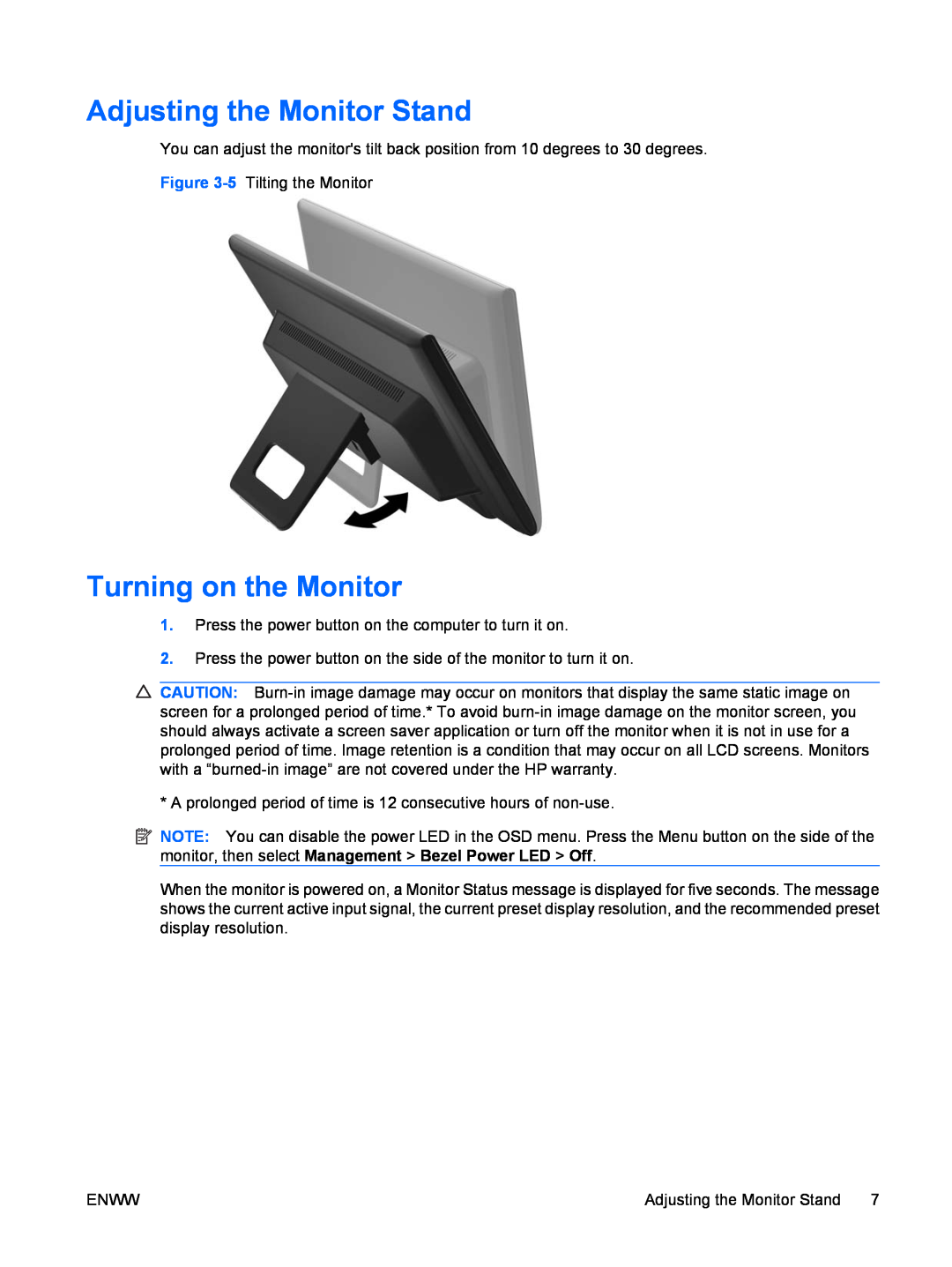 HP CQ1859E manual Adjusting the Monitor Stand, Turning on the Monitor 