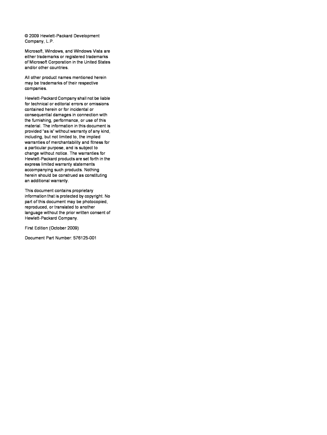 HP CQ1859E manual Hewlett-Packard Development Company, L.P, First Edition October Document Part Number 