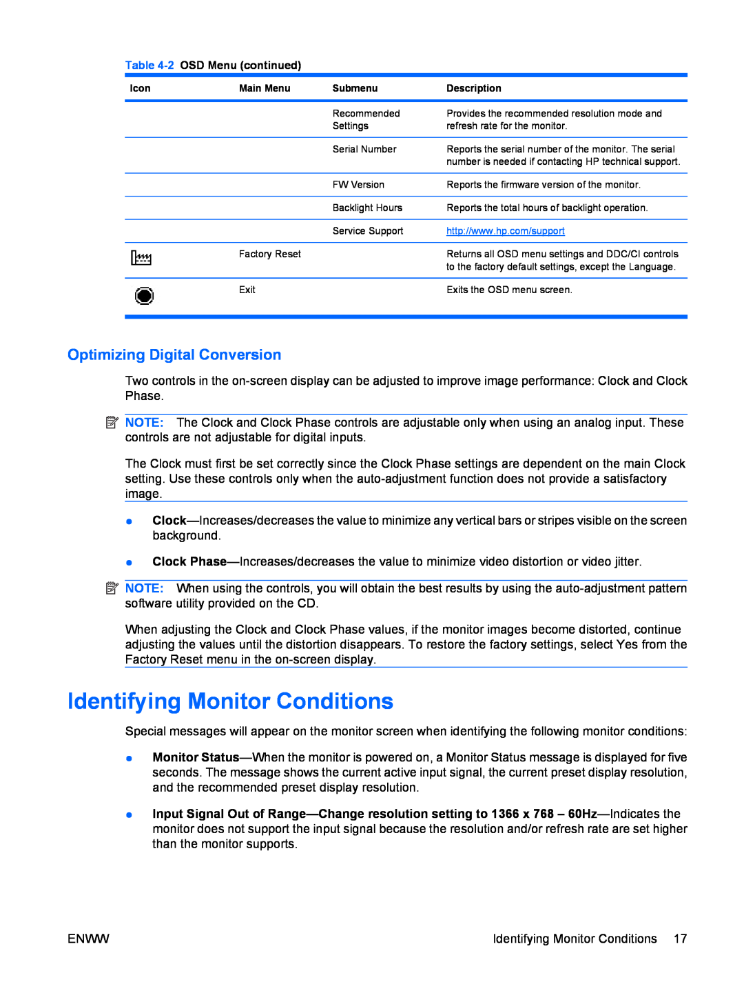 HP CQ1859E manual Identifying Monitor Conditions, Optimizing Digital Conversion 