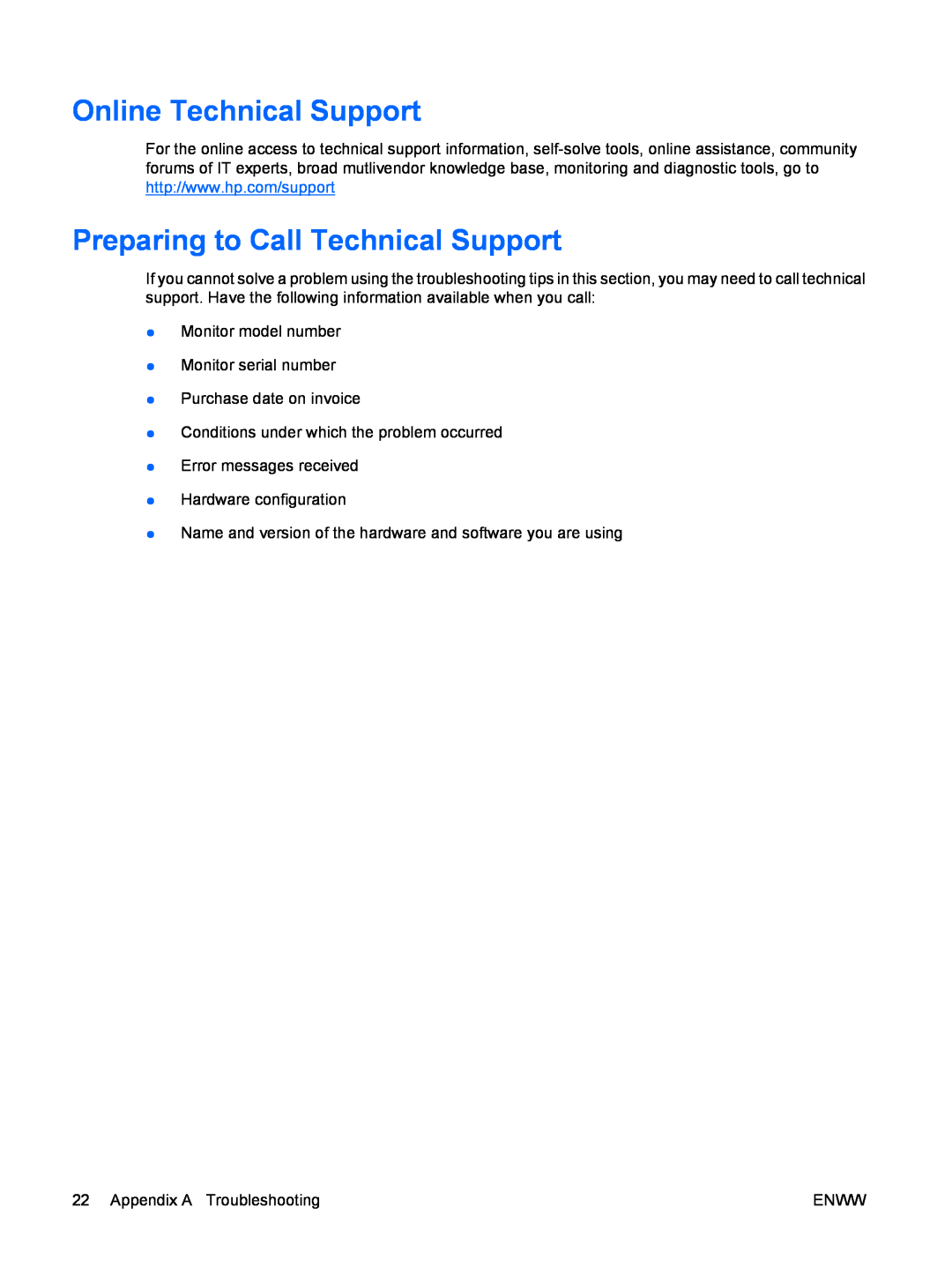 HP CQ1859E manual Online Technical Support, Preparing to Call Technical Support 