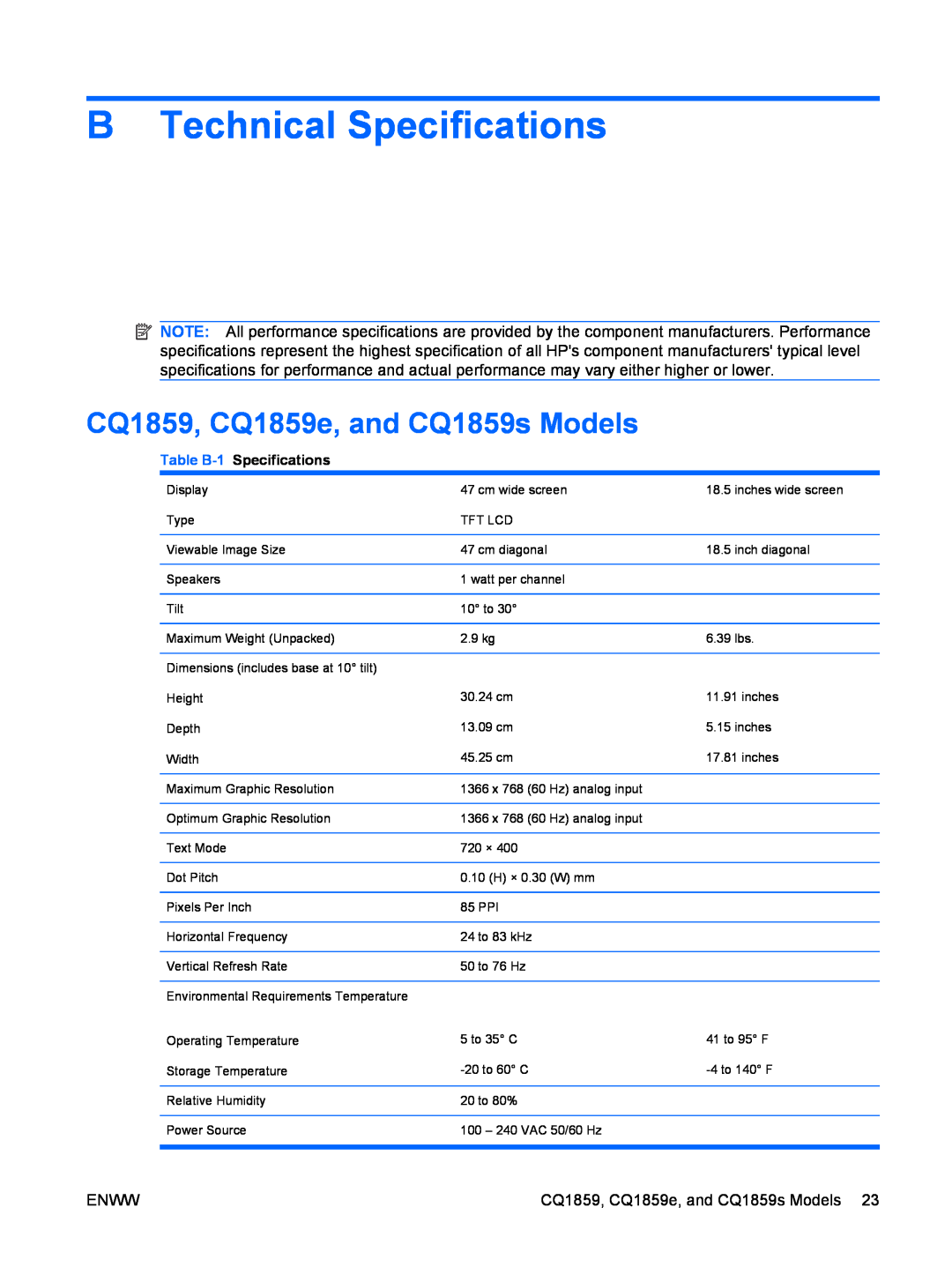 HP CQ1859E manual B Technical Specifications, CQ1859, CQ1859e, and CQ1859s Models, Table B-1 Specifications 