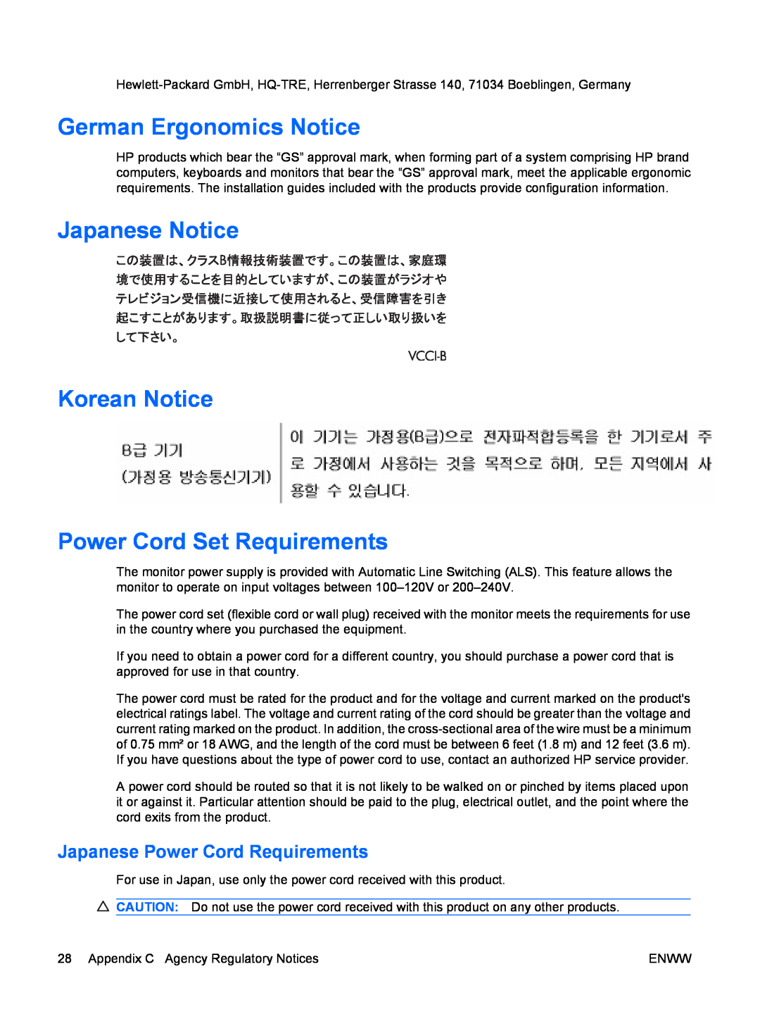 HP CQ1859E manual German Ergonomics Notice, Japanese Notice Korean Notice Power Cord Set Requirements 