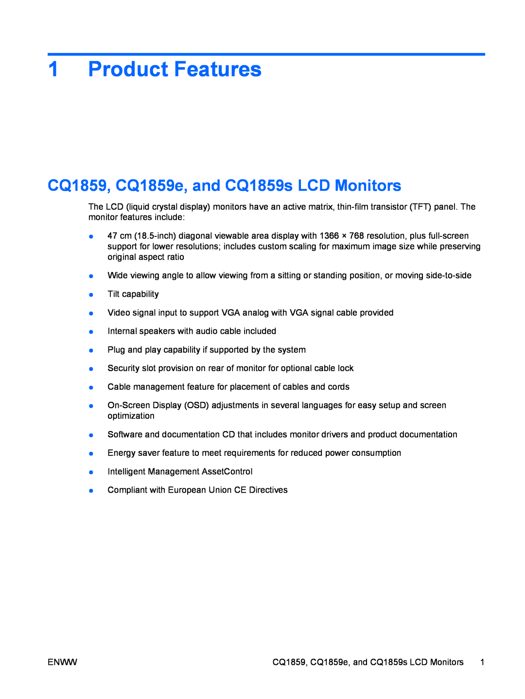 HP CQ1859E manual Product Features, CQ1859, CQ1859e, and CQ1859s LCD Monitors 