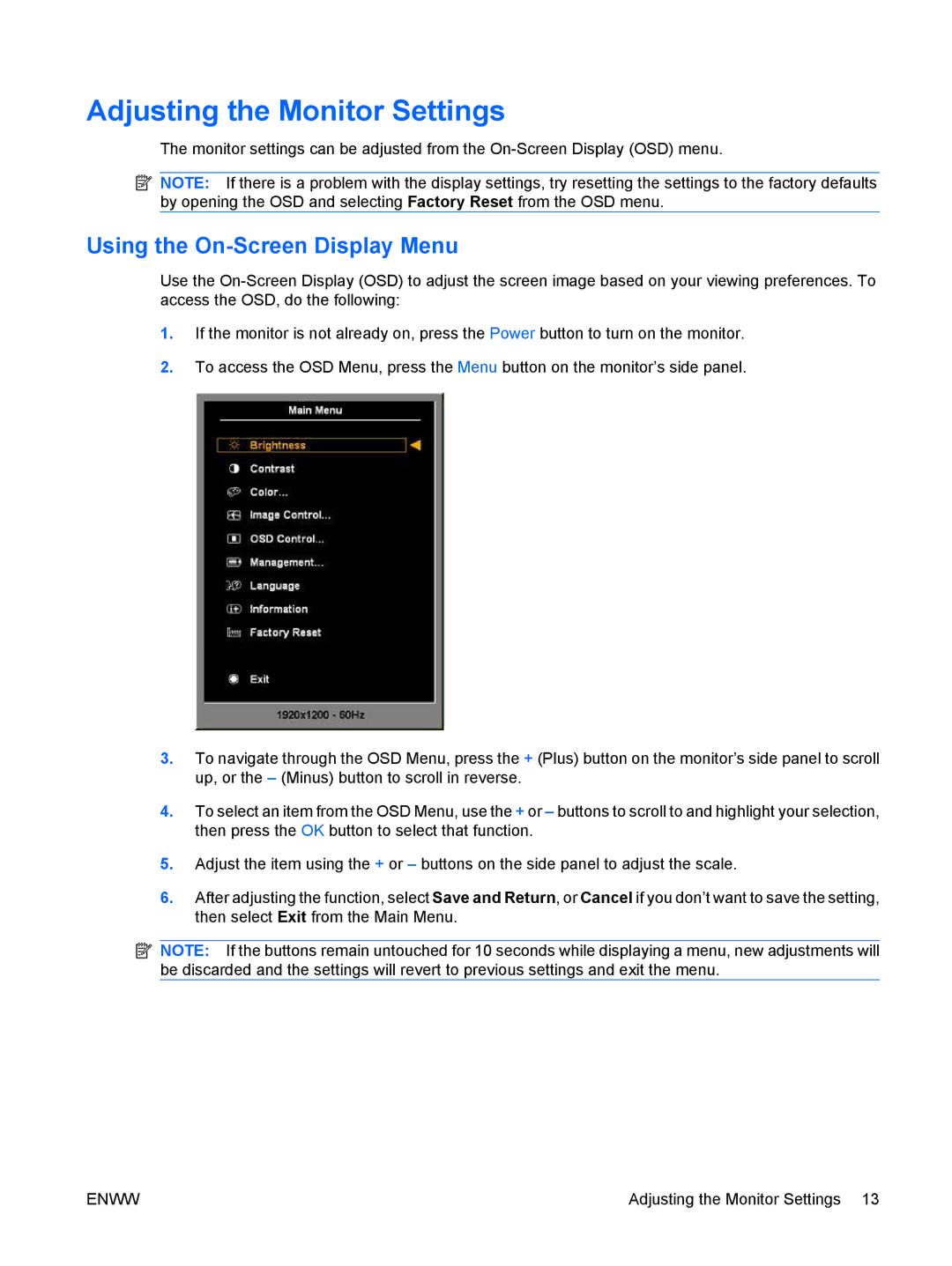 HP CQ1859E, CQ1859s manual Adjusting the Monitor Settings, Using the On-Screen Display Menu 