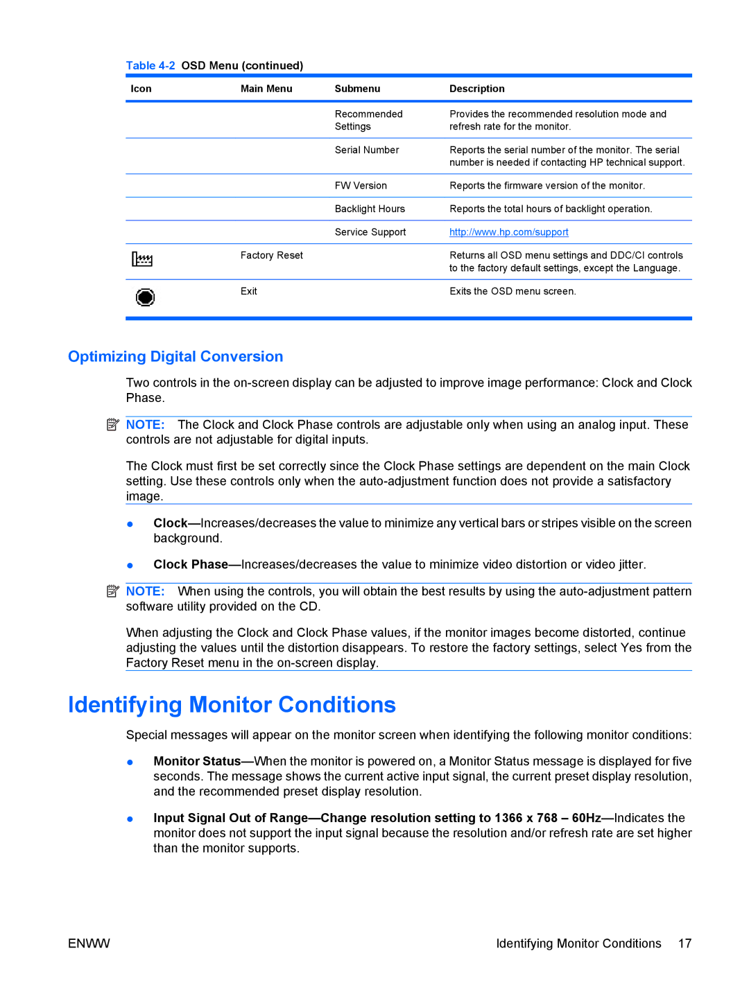 HP CQ1859E, CQ1859s manual Identifying Monitor Conditions, Optimizing Digital Conversion 