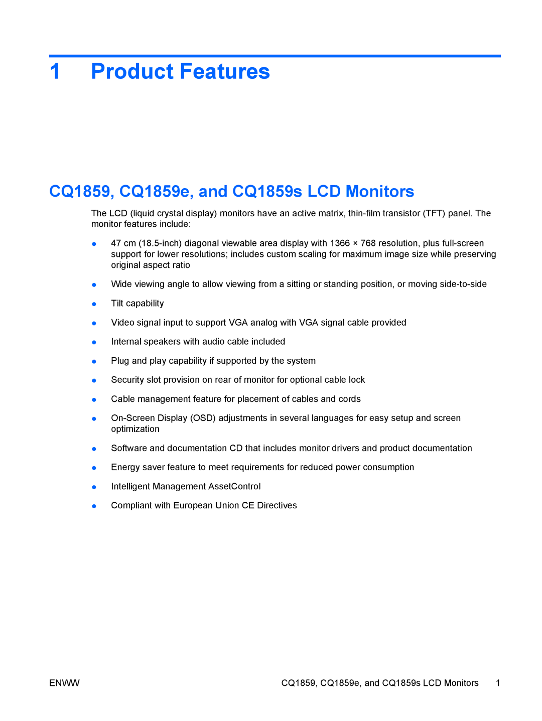 HP CQ1859E manual Product Features, CQ1859, CQ1859e, and CQ1859s LCD Monitors 