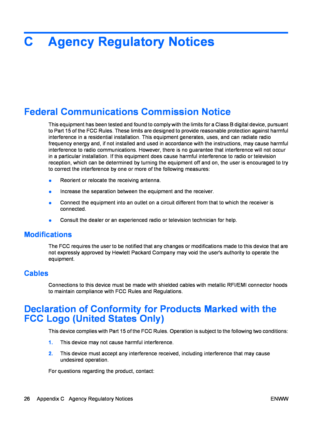 HP CQ1859s, CQ1859E manual C Agency Regulatory Notices, Federal Communications Commission Notice, Modifications, Cables 