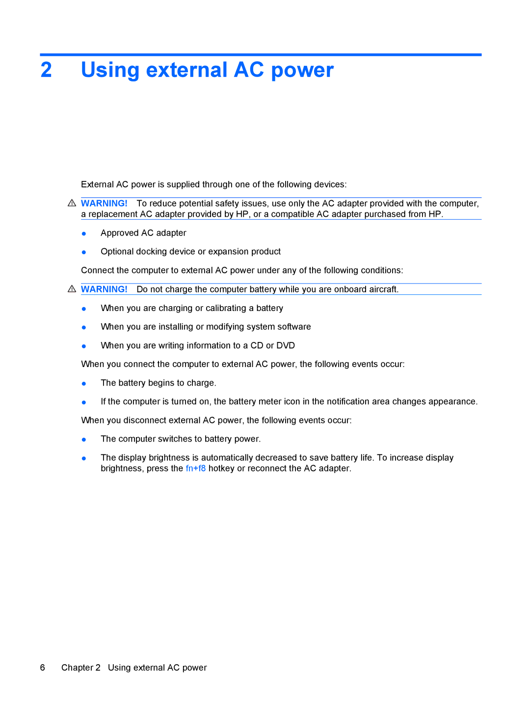 HP CQ20 manual Using external AC power 