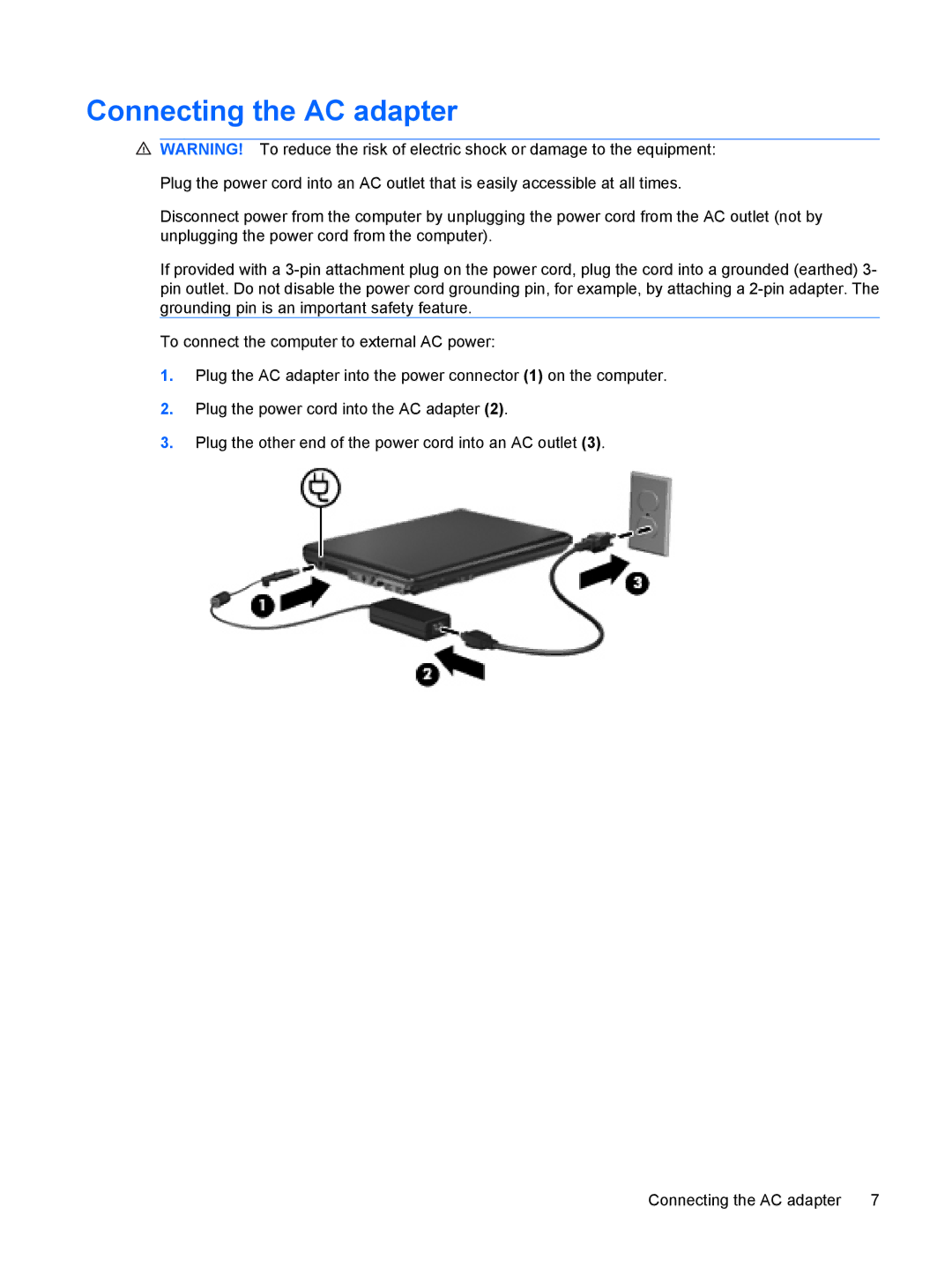 HP CQ20 manual Connecting the AC adapter 