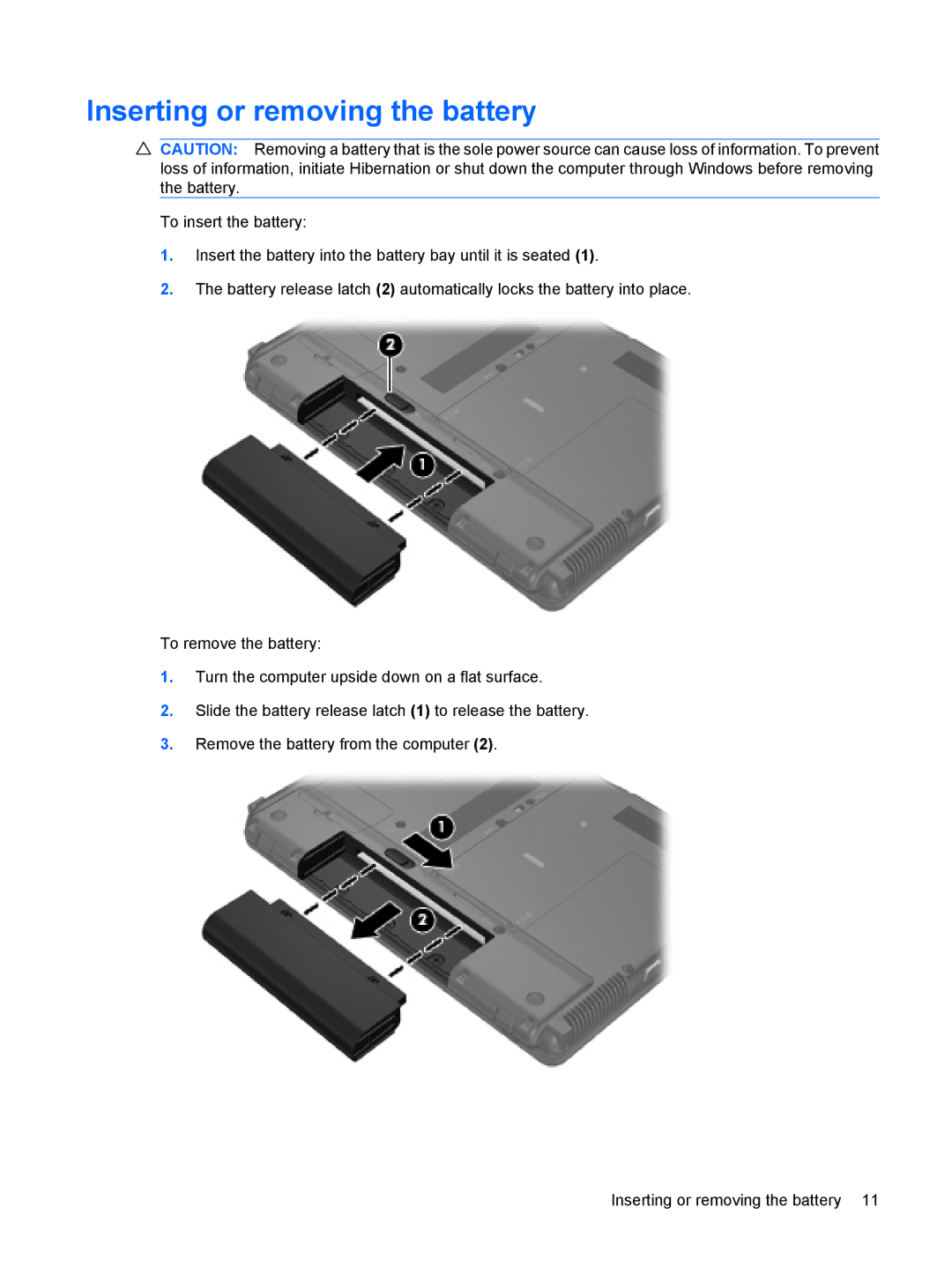 HP CQ20 manual Inserting or removing the battery 