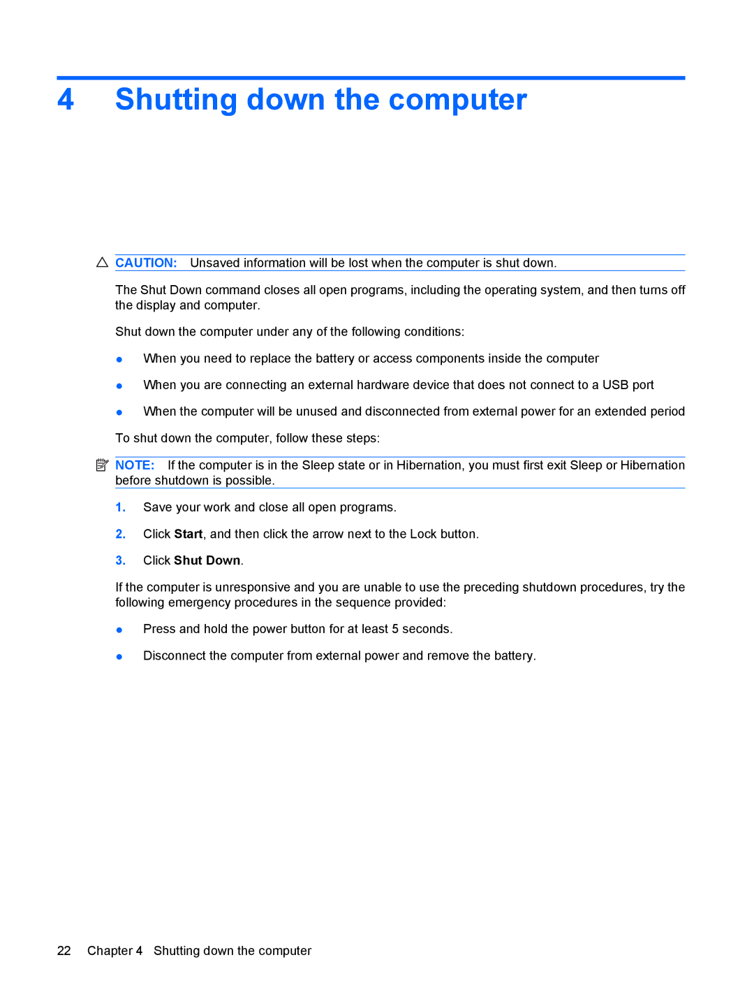 HP CQ20 manual Shutting down the computer, Click Shut Down 