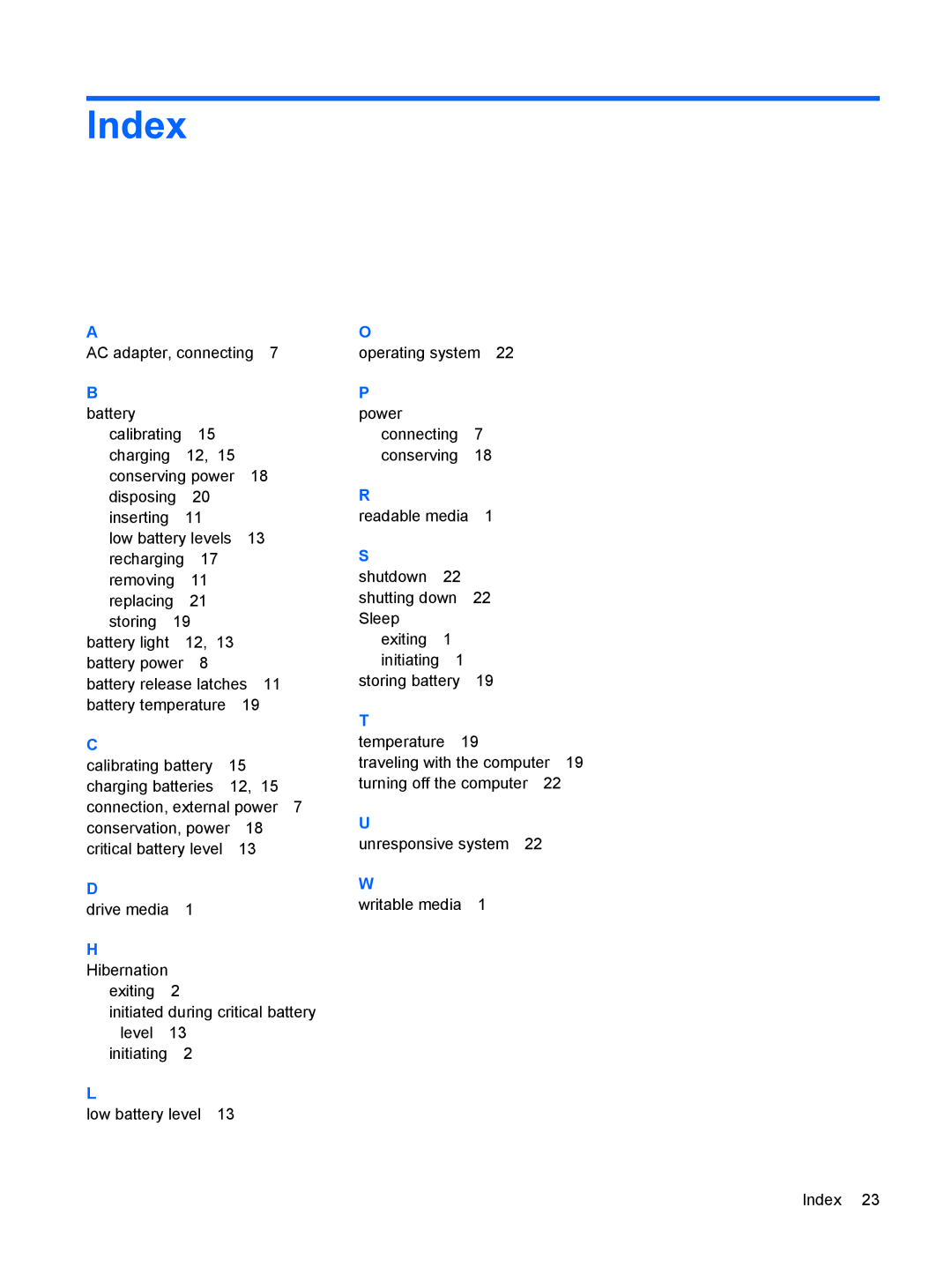 HP CQ20 manual Index, Power 