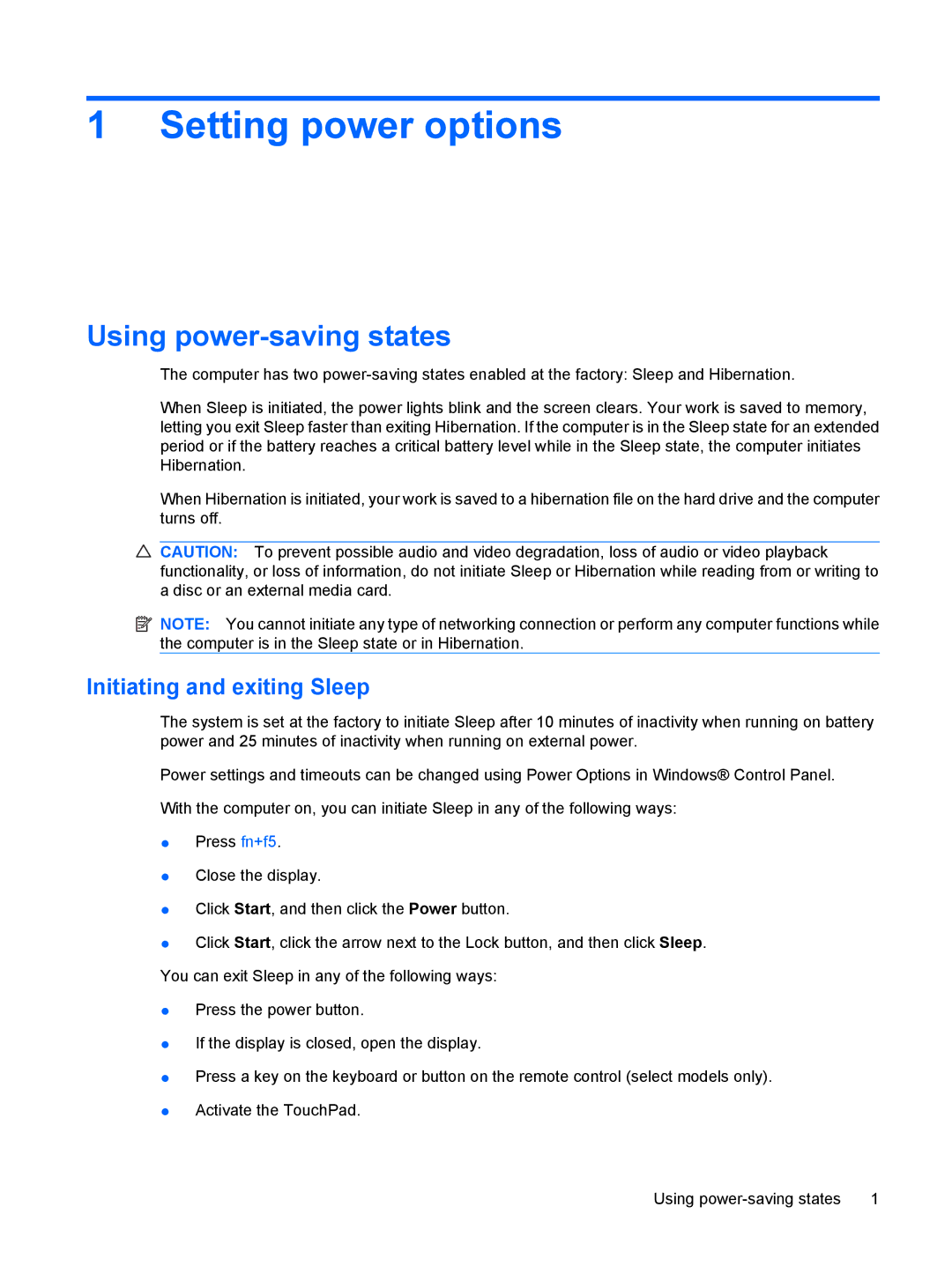 HP CQ20 manual Setting power options, Using power-saving states, Initiating and exiting Sleep 