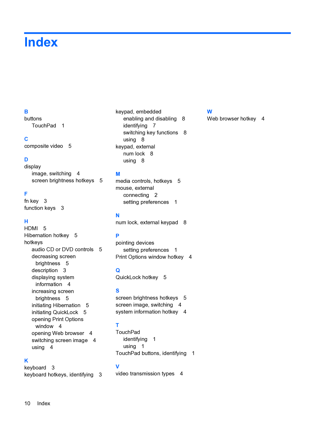 HP CQ20 manual Index, Display 