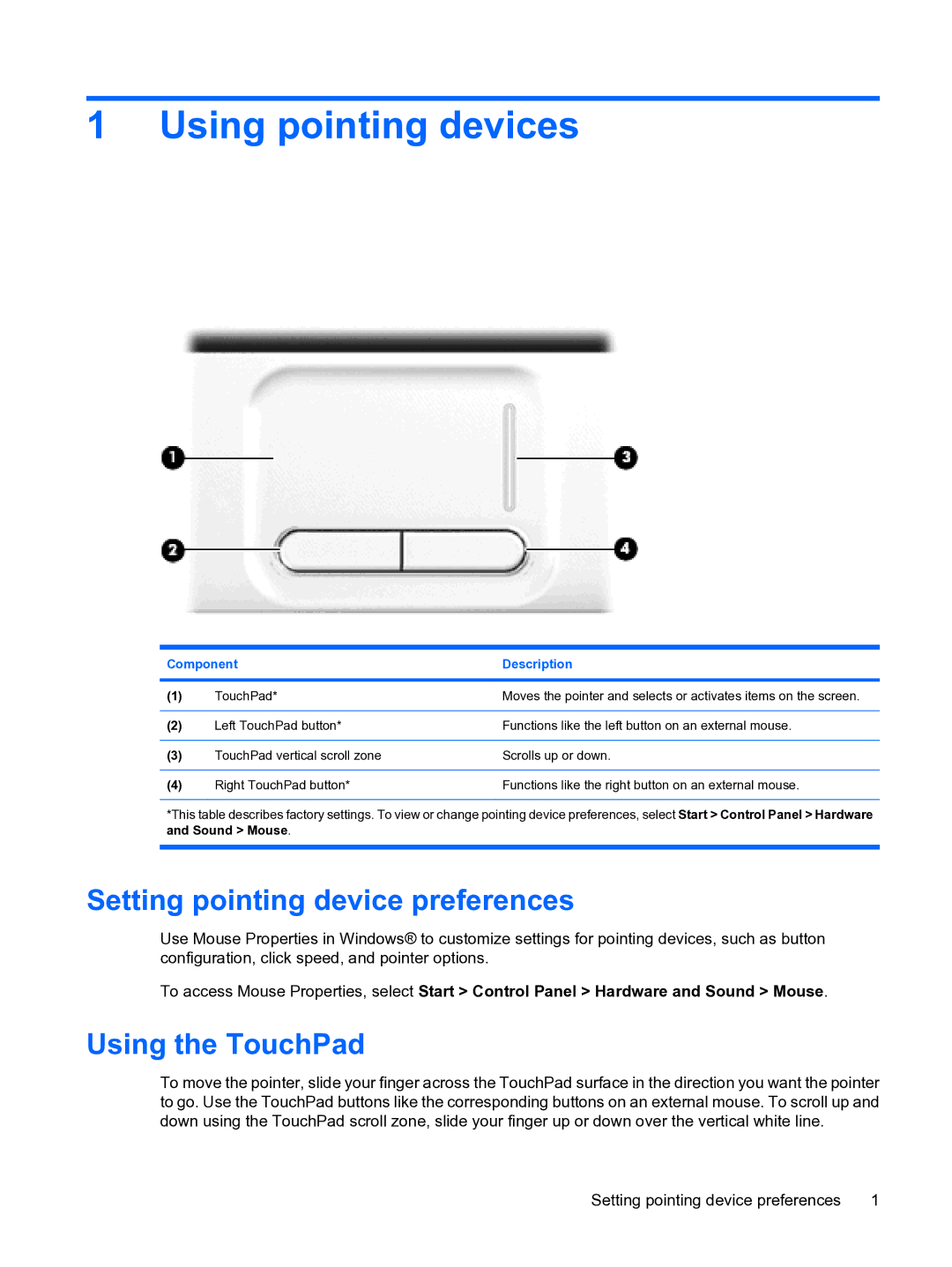 HP CQ20 manual Using pointing devices, Setting pointing device preferences, Using the TouchPad 