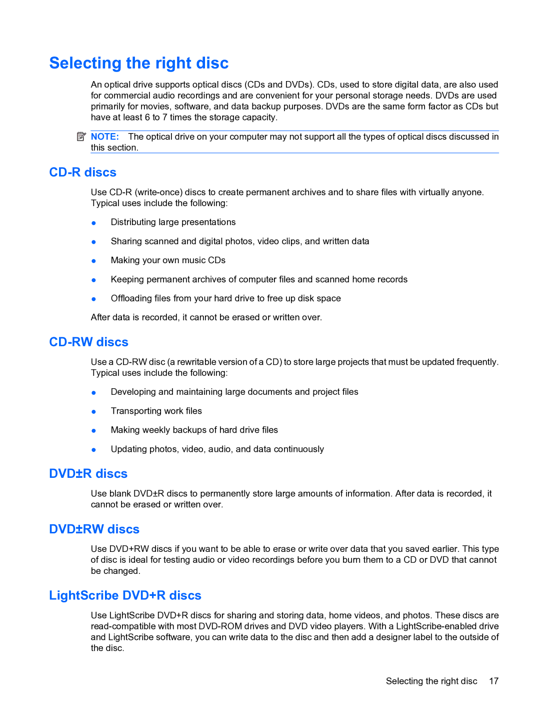 HP CQ20 manual Selecting the right disc 