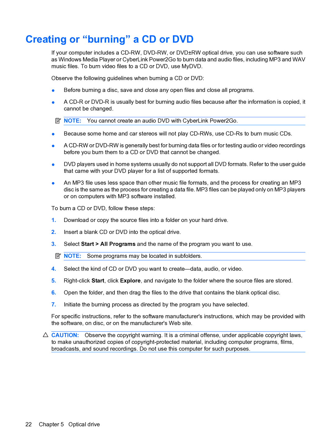 HP CQ20 manual Creating or burning a CD or DVD 