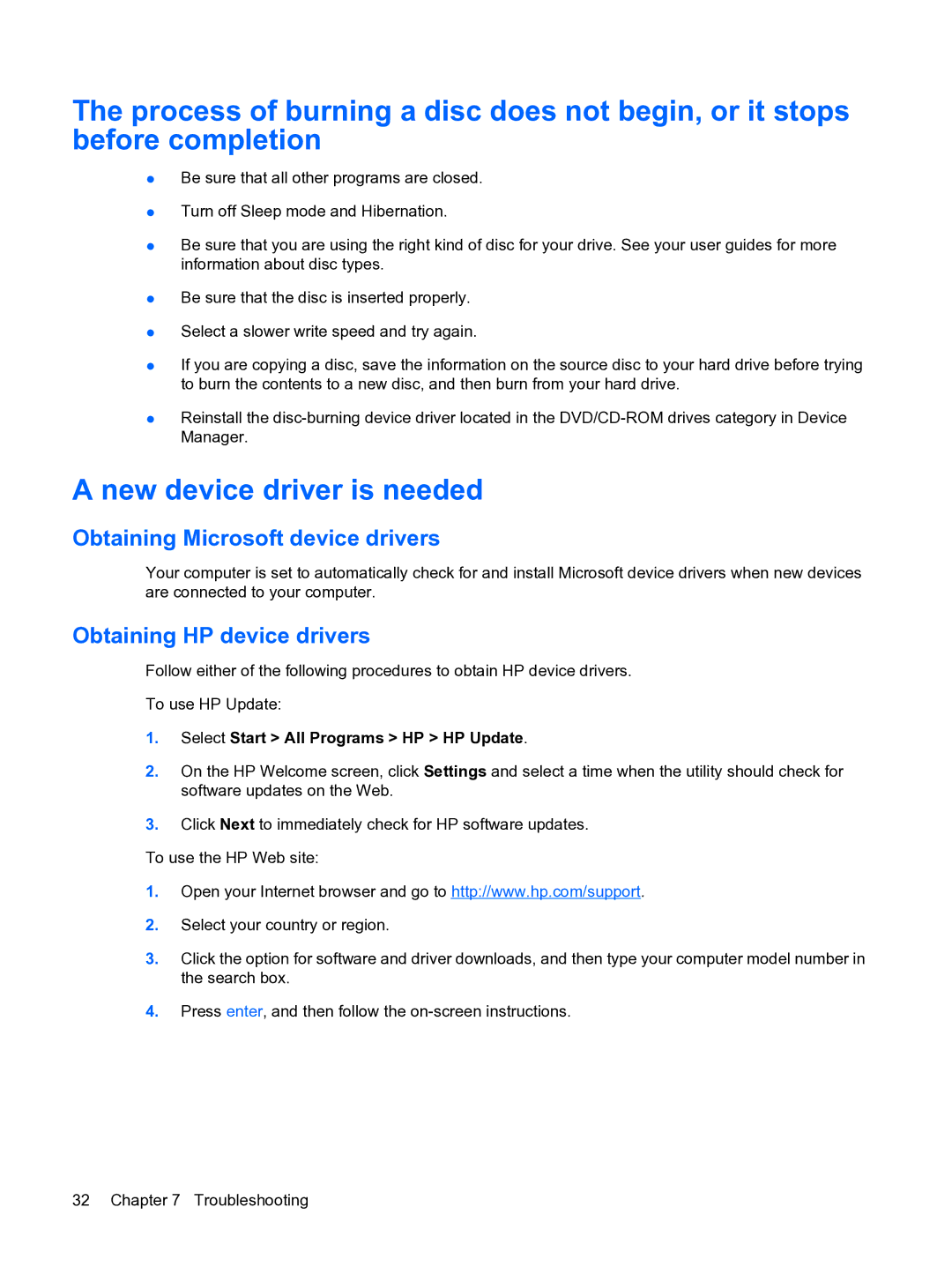 HP CQ20 manual New device driver is needed, Obtaining Microsoft device drivers, Obtaining HP device drivers 