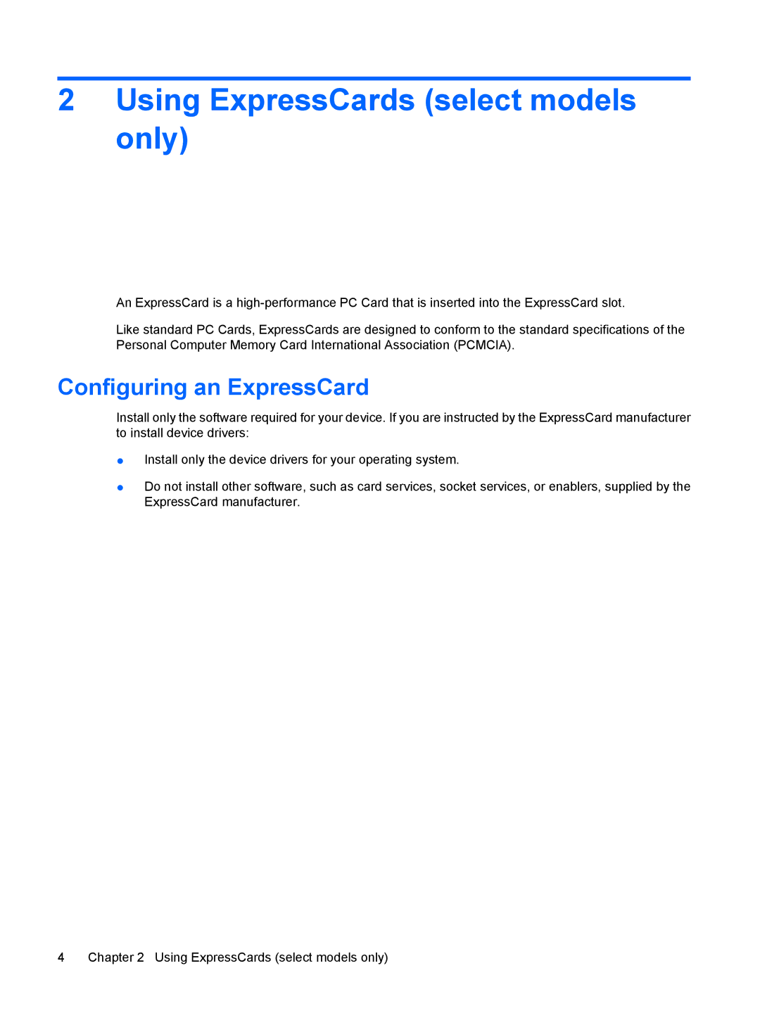 HP CQ20 manual Using ExpressCards select models only, Configuring an ExpressCard 