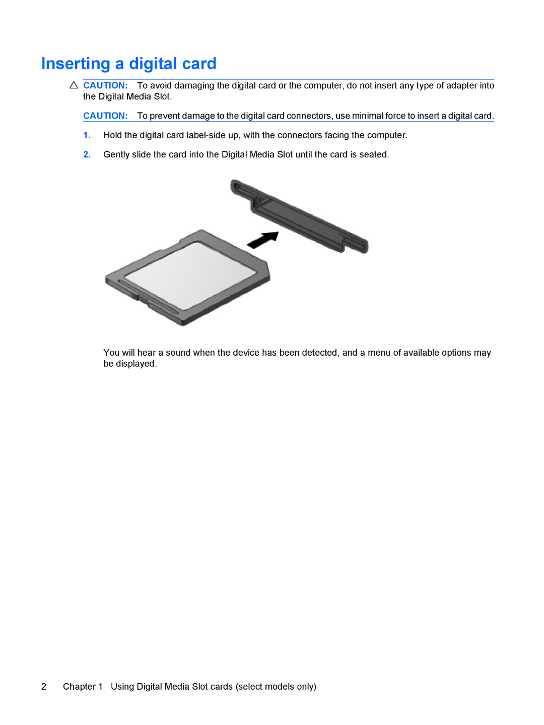 HP CQ20 manual Inserting a digital card 